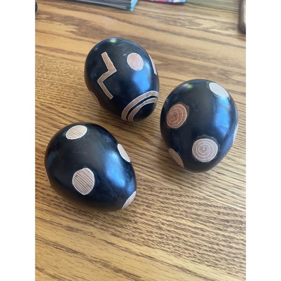 Unbranded Other - African Soapstone Eggs Etched Handpainted Set of 3 Kenya Heavy Decorative Black